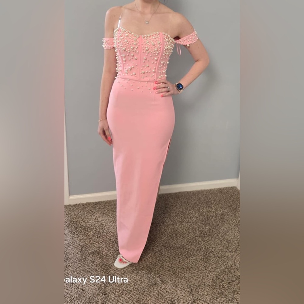 Elegant Pink Gown with Pearl Embellishments
